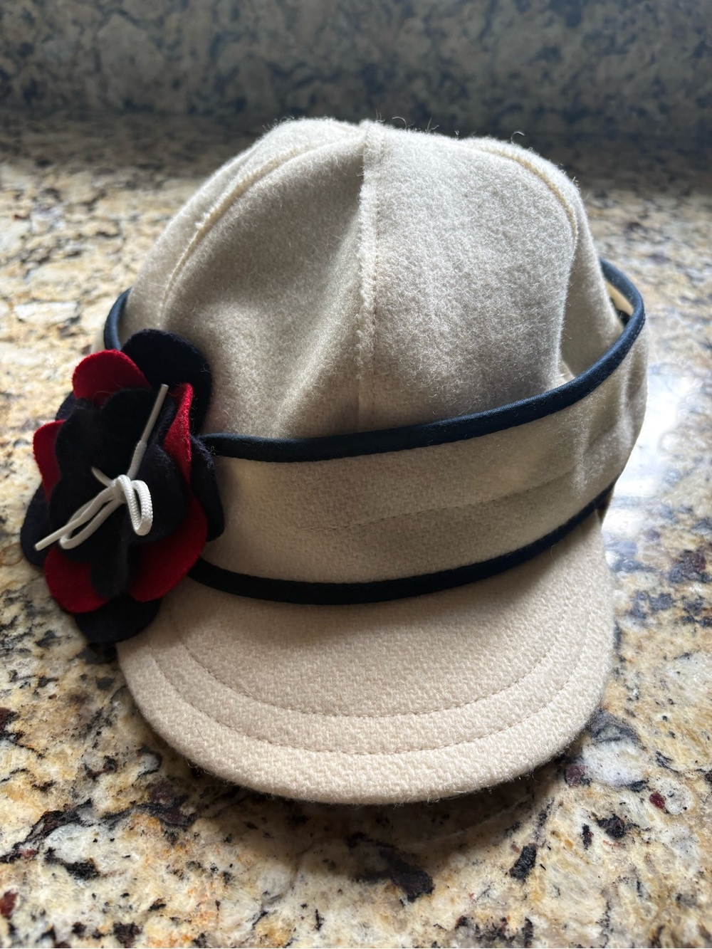 Cream Wool-Blend Women's Cap with Black Trim & Red Flower Accent